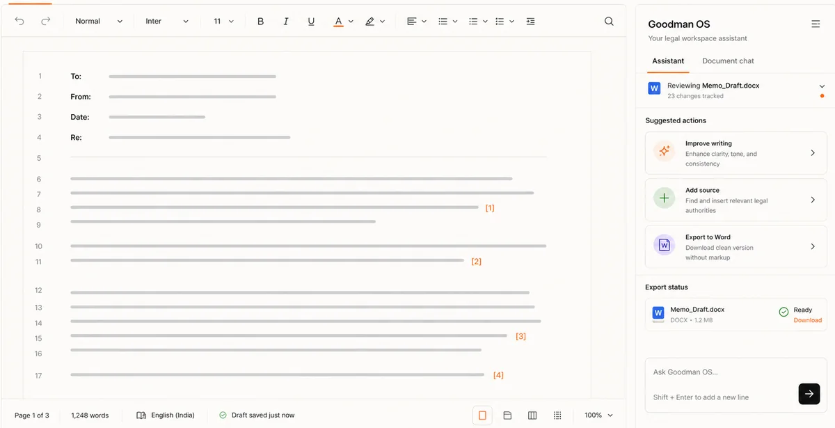 Editor interface showing a legal drafting canvas with citations and Goodman OS writing actions