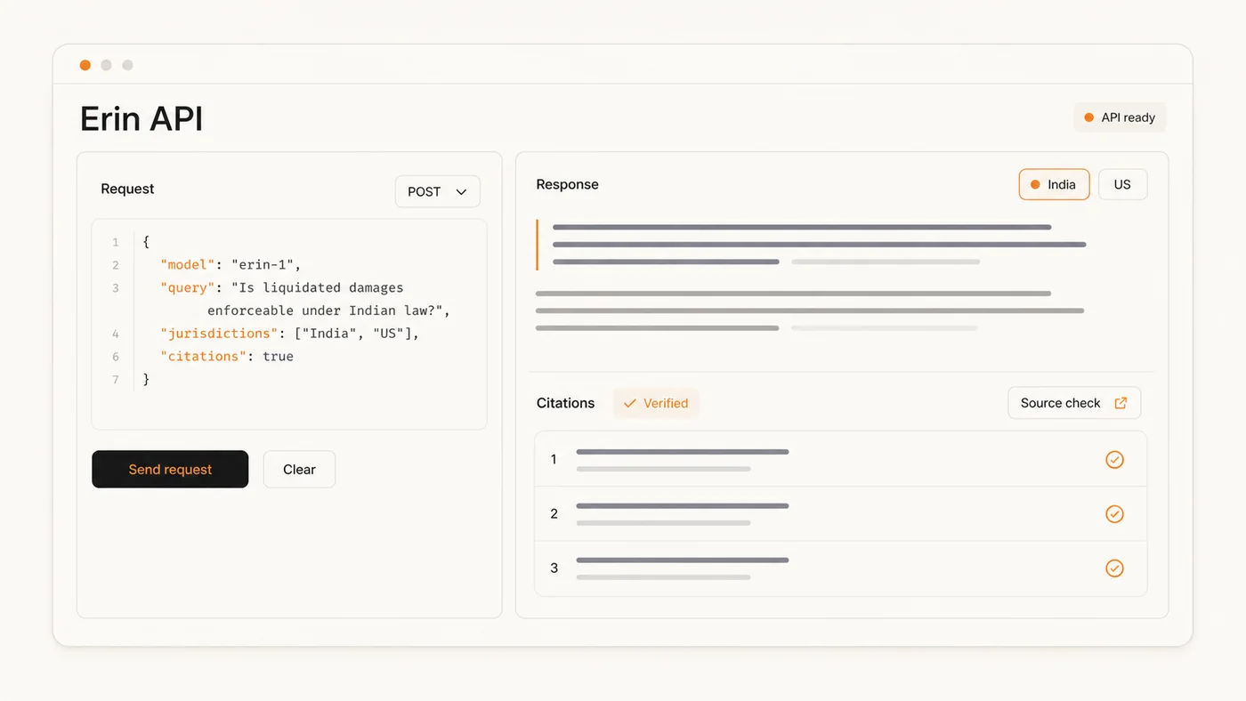 Erin API request and response interface showing jurisdiction controls and verified citations
