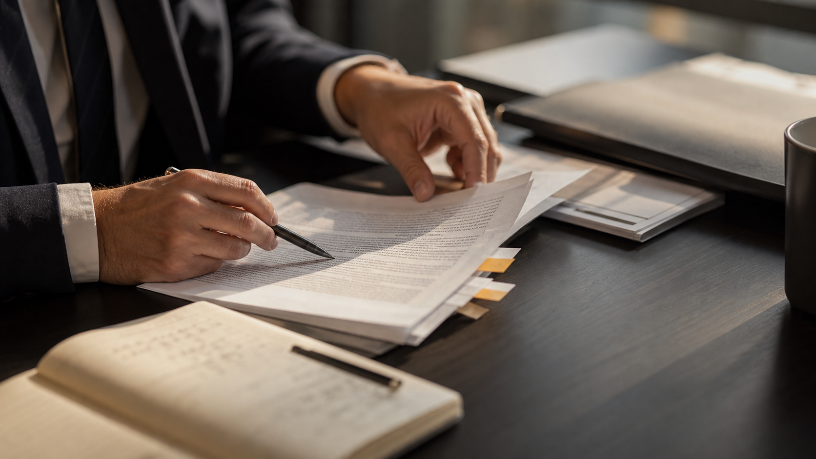 Legal documents being reviewed on a conference table