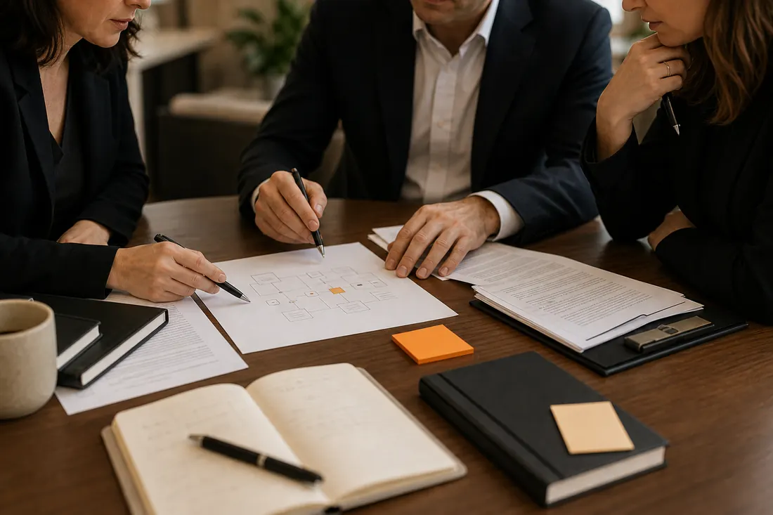 Legal-tech team discussing documents around a table