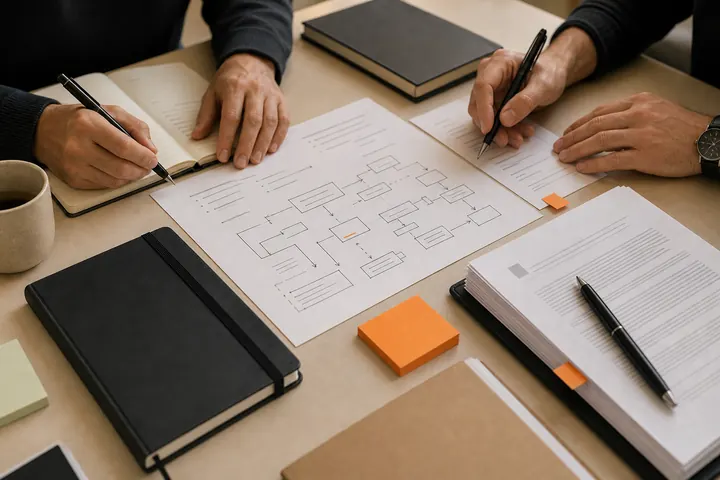 Product planning notes and legal documents on a table