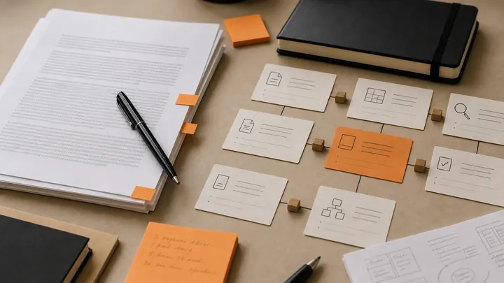 Research documents and planning cards on a desk