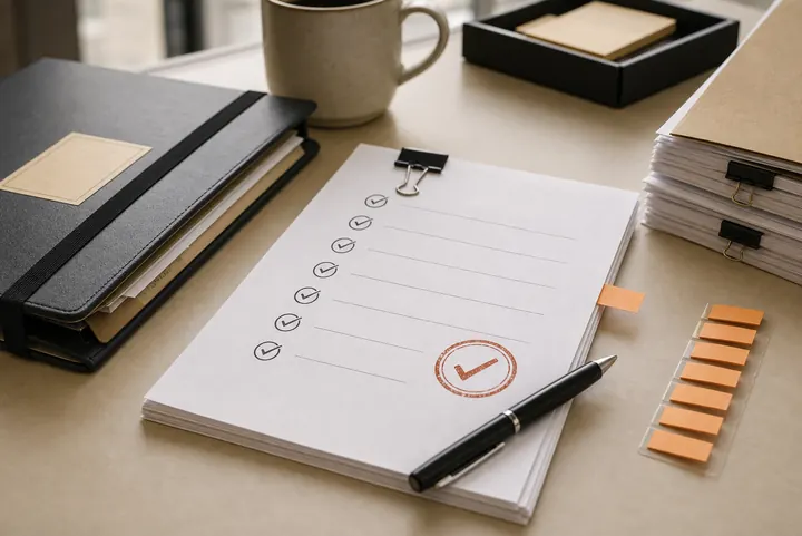 Completed workflow packet on a legal desk
