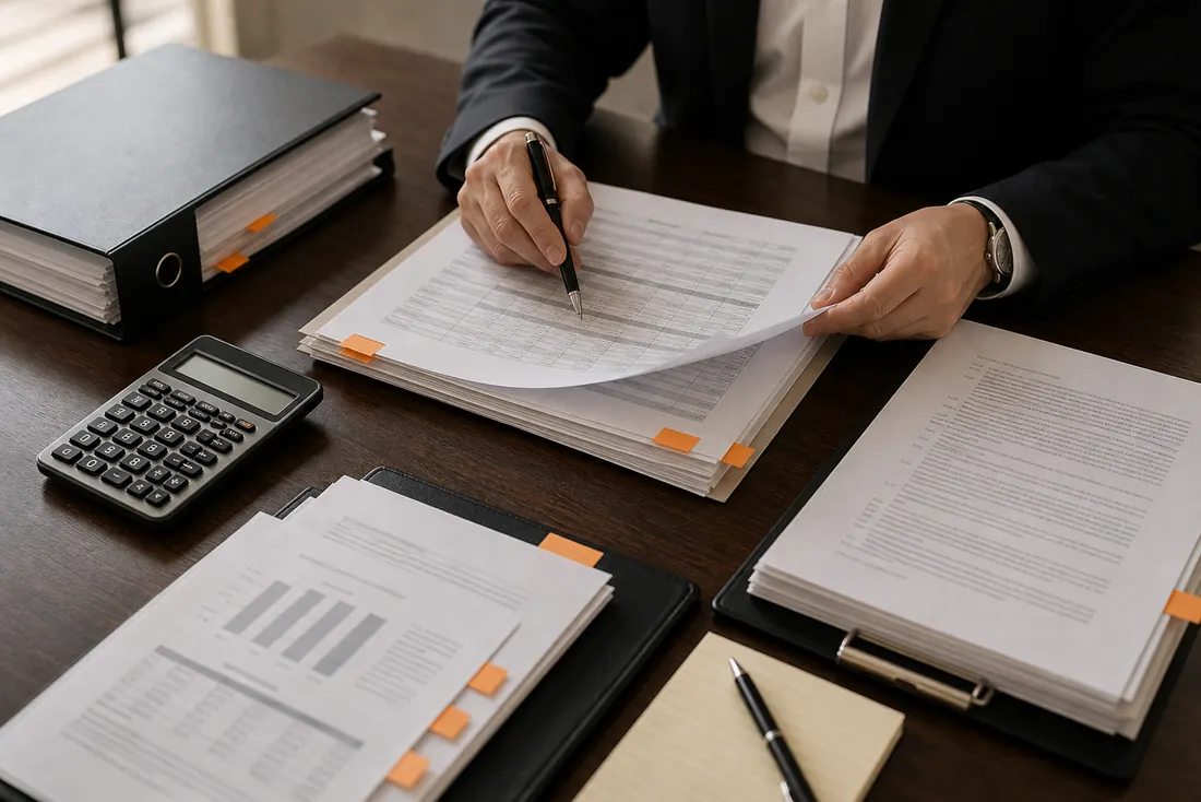 Finance document review table with calculator