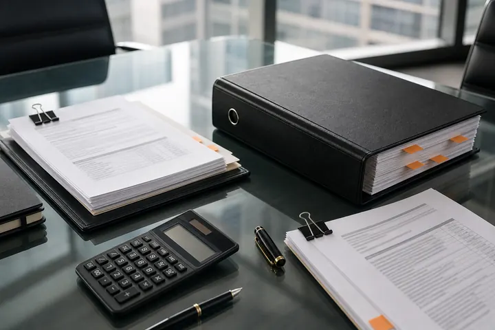 Covenant binder and term-sheet packets on a glass table