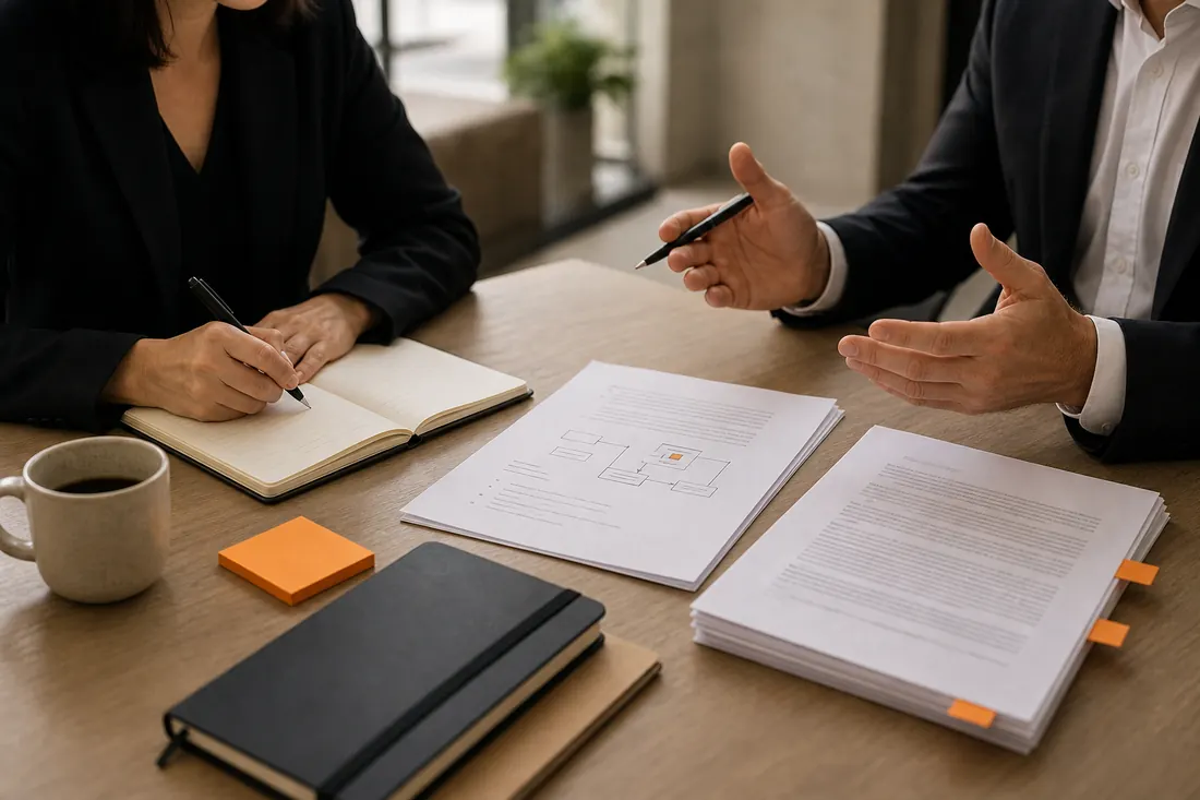 Professionals reviewing documents in a walkthrough meeting