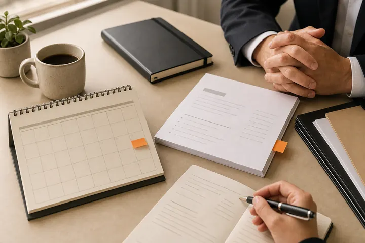 Consultation notes and calendar on a desk