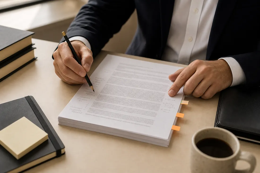 Lawyer hands revising a printed legal draft