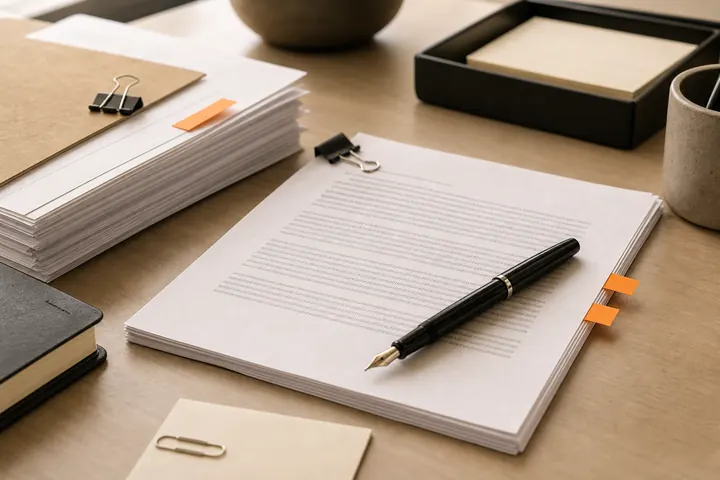 Legal memo pages on a clean writing desk