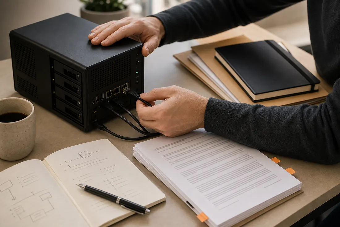 Hands connecting a compact server beside legal documents