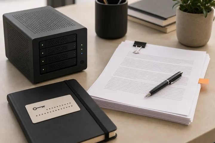 Legal API desk with server device and documents