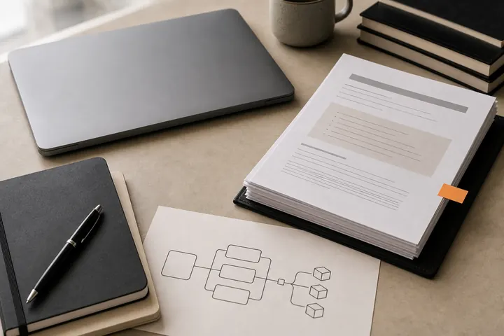 Technical notebook and legal output packet on a desk