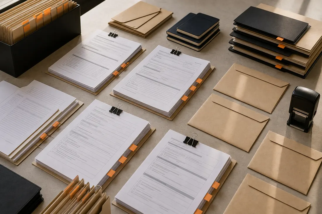 Immigration form packets and evidence folders on a table