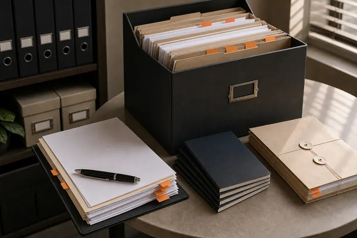 Filing box with petition folders and sealed envelopes