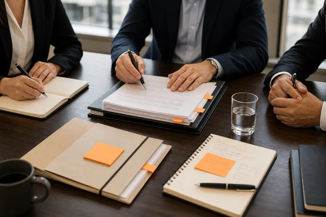 Business and legal team reviewing contract materials