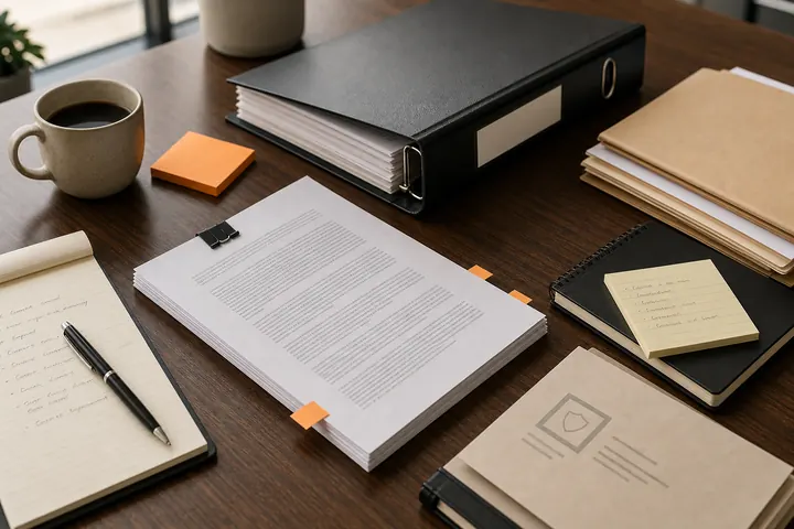 Corporate legal intake materials on a desk