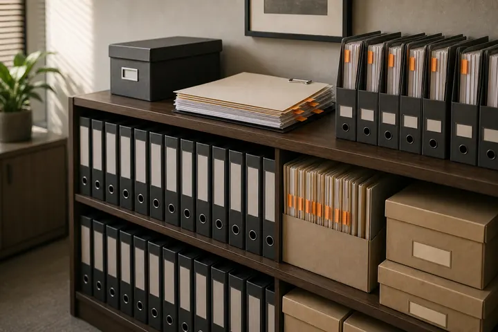 Policy binders and claim file boxes in a file room