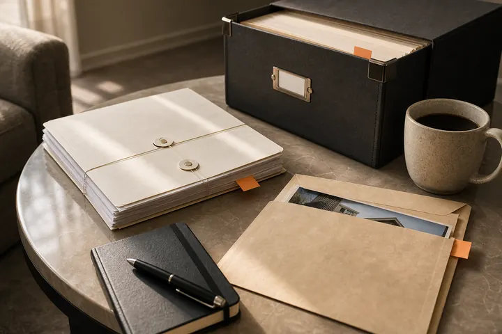 Claim file box and coverage packet on a side table