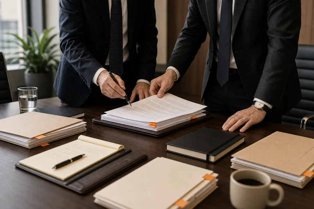 Attorneys reviewing a client matter packet together