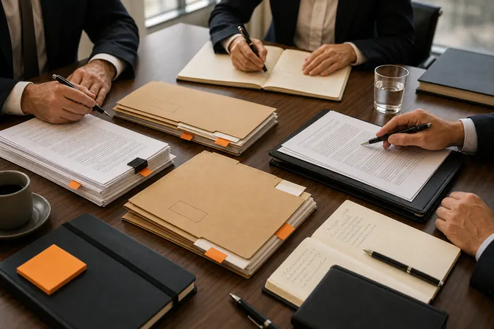 Law firm matter prep table with documents