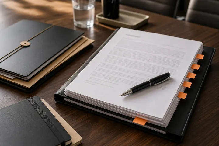 Prepared client matter packet on a conference table