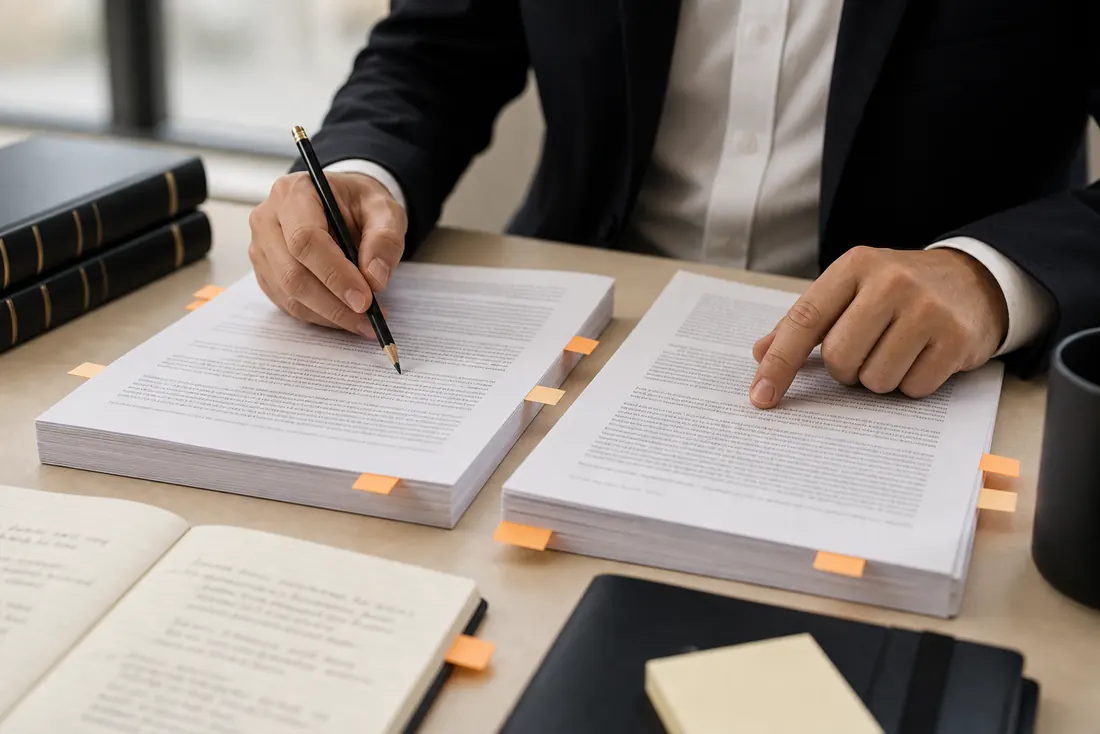 Attorney hands comparing printed legal authorities