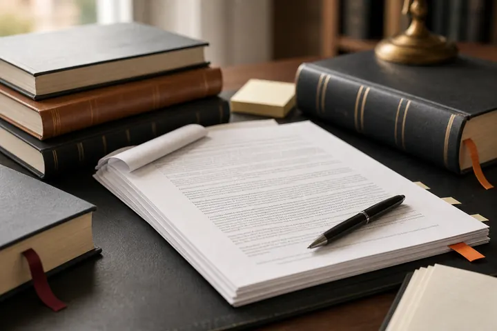 Law books and printed case materials on a research desk
