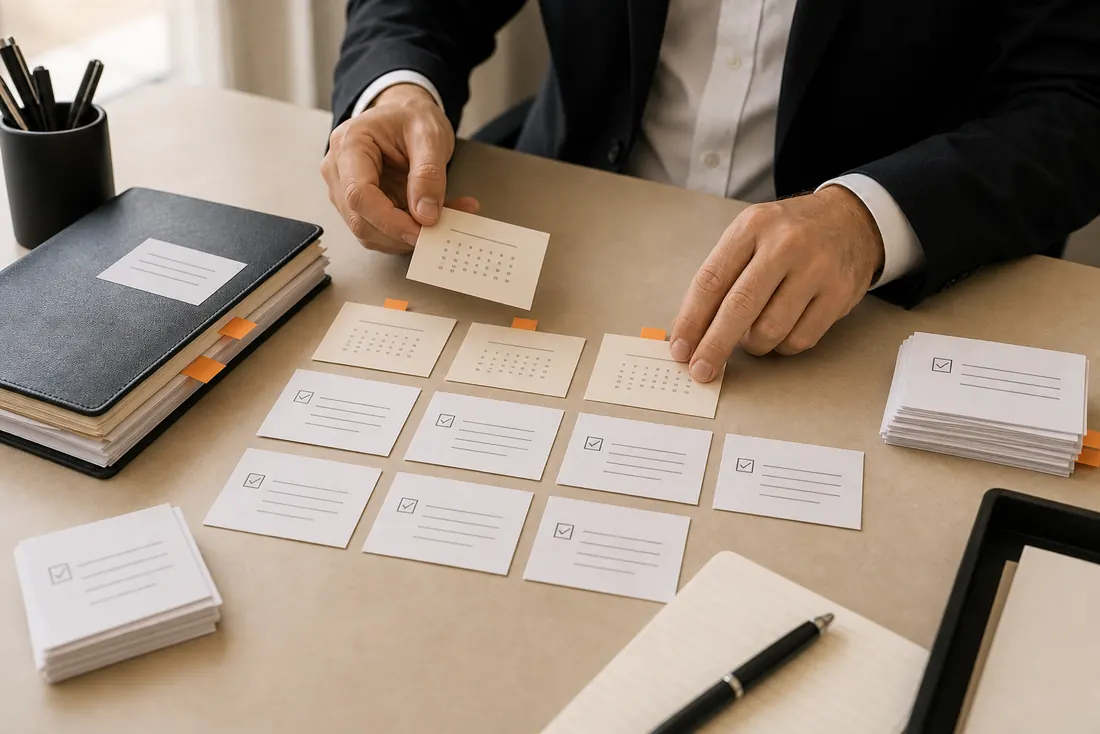 Hands arranging obligation and deadline cards