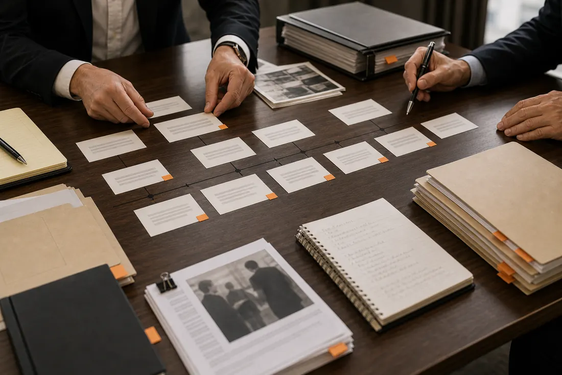 Hands arranging litigation timeline cards and exhibit folders