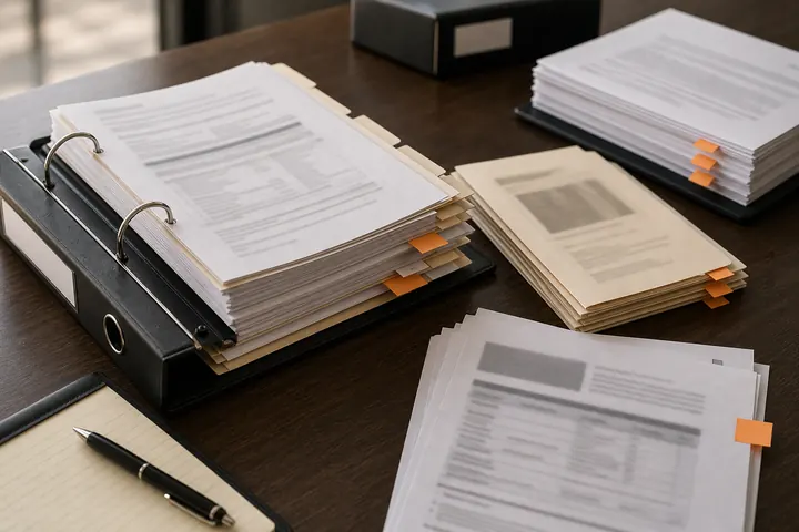 Evidence binder and deposition pages on a desk