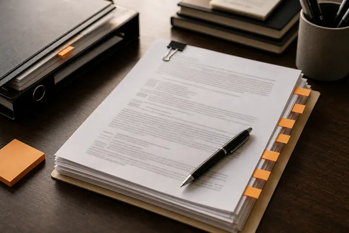 Draft brief packet with source tabs on a desk