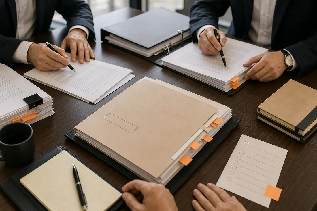 Hands comparing deal documents and diligence folders