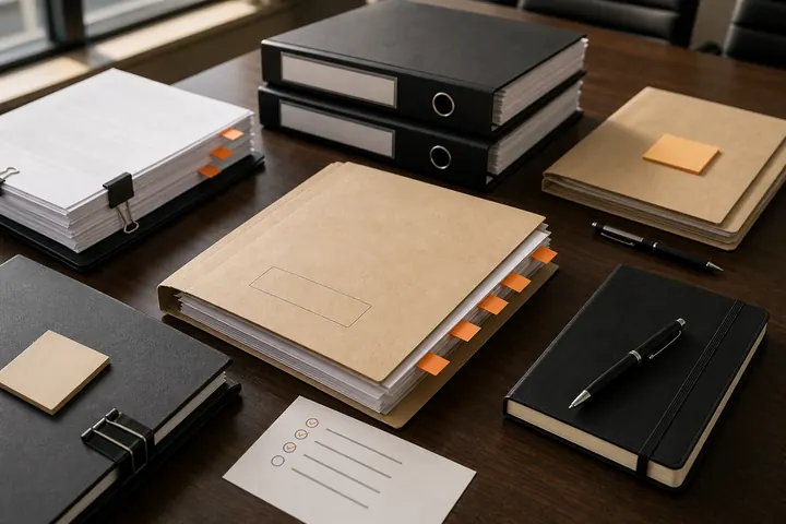 Deal folders and diligence binders on a conference table