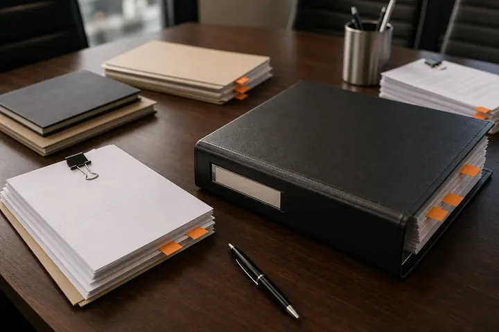 Closing binder and signature packets on a deal table