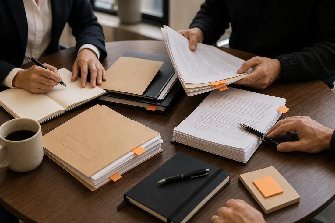 Lean legal team sorting matter folders and packets