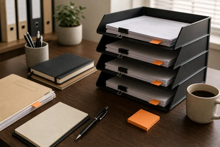 Document trays and clipped matter packets on a compact desk