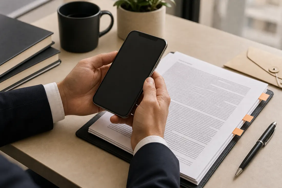 Attorney hands holding a blank-screen phone over documents