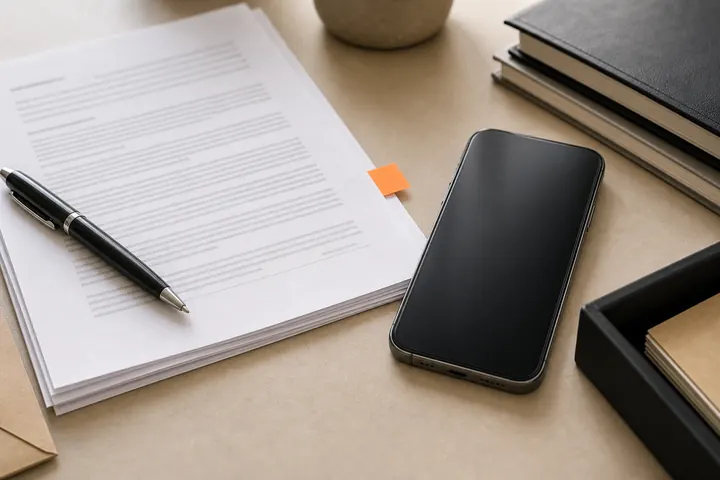 Blank-screen smartphone beside legal pages