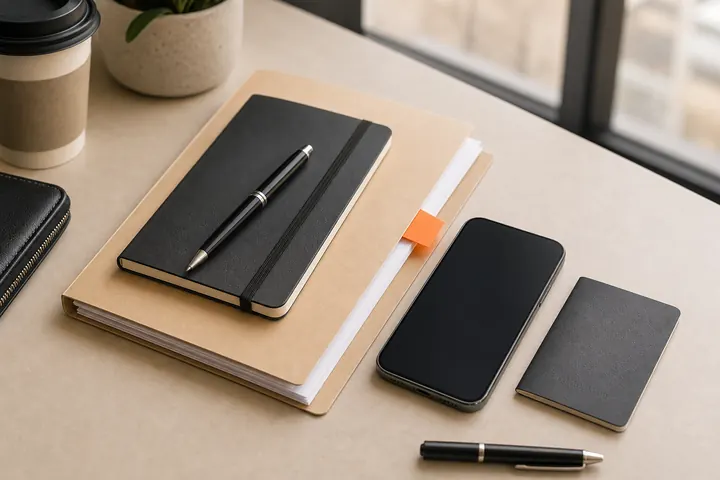 Phone and compact matter folder on a desk