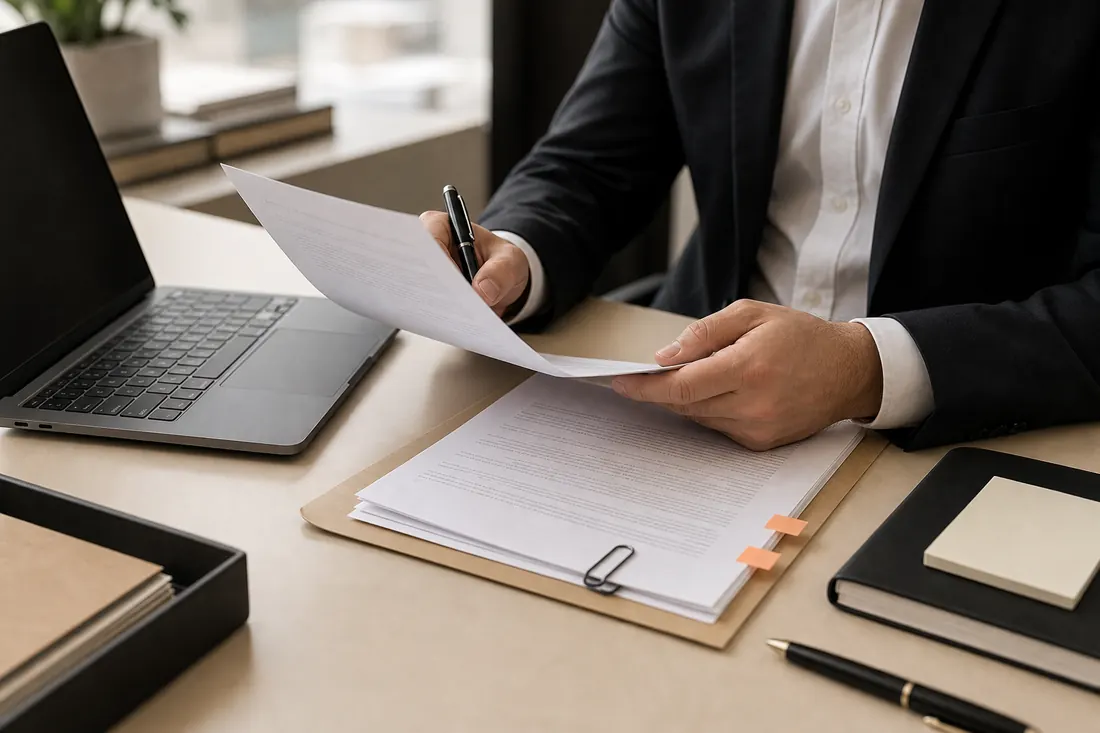 Attorney hands reviewing correspondence and attachments