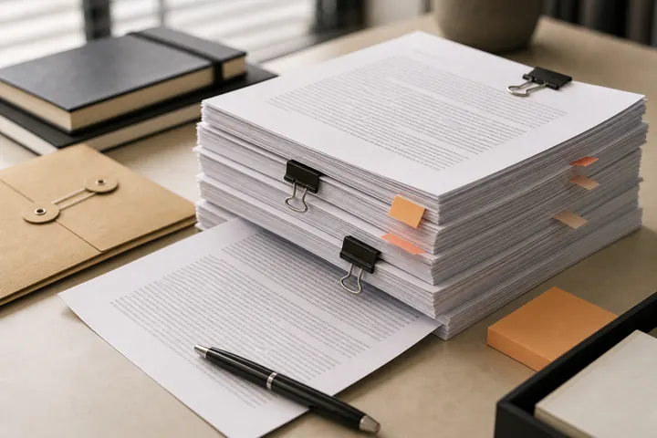 Legal attachment packet with envelopes and notes