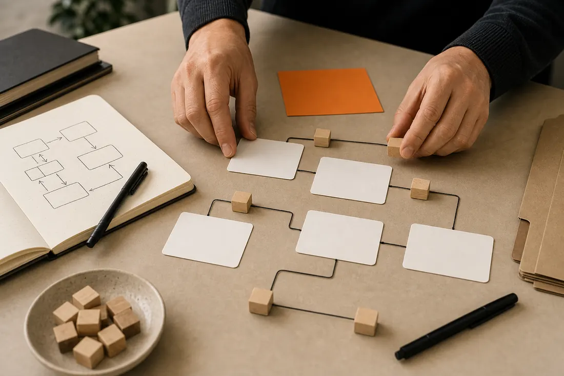 Hands arranging workflow cards and connector blocks