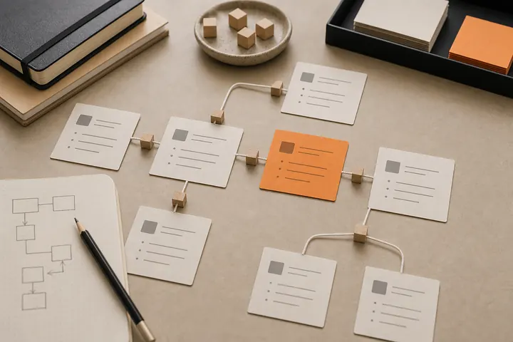 Modular workflow cards and blocks on a desk