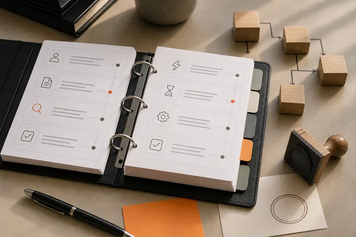 Assembled workflow card binder on a desk