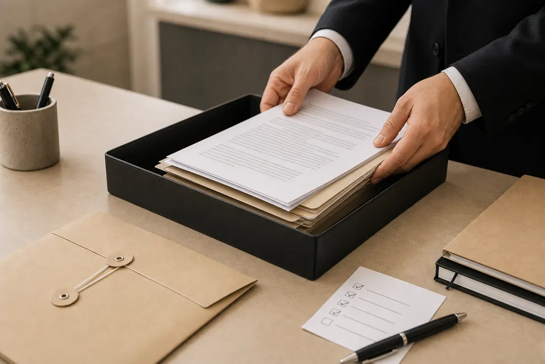 Hands placing requested documents into a folder tray