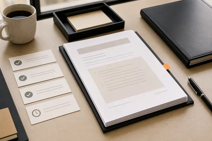 Client packet and status cards on a desk