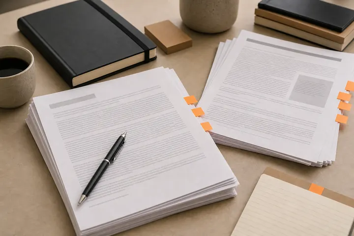 Article drafts and source printouts on a desk