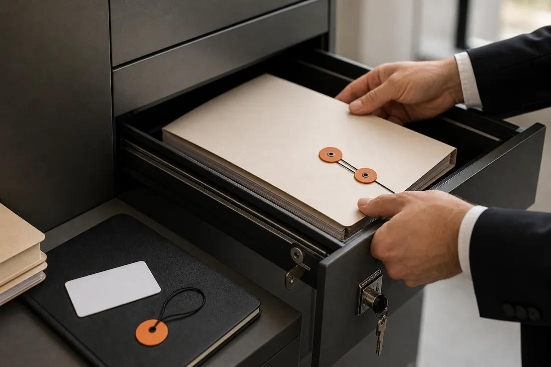Hands placing a sealed packet into locked storage