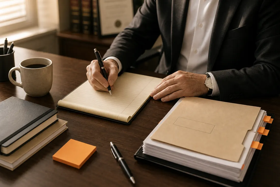 Single attorney hands writing notes beside a case file