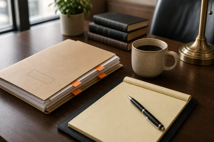 Solo attorney's focused desk with one case file